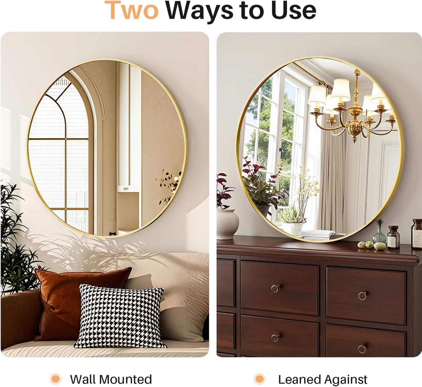 Bathroom Mirror for Wall, 24 Inch Round Mirror, Matte Black Metal Framed Circle Vanity Mirror for Bathroom Bedroom Living Room Entryway, Anti-Rust, Tempered Glass, Hanging or Leaning