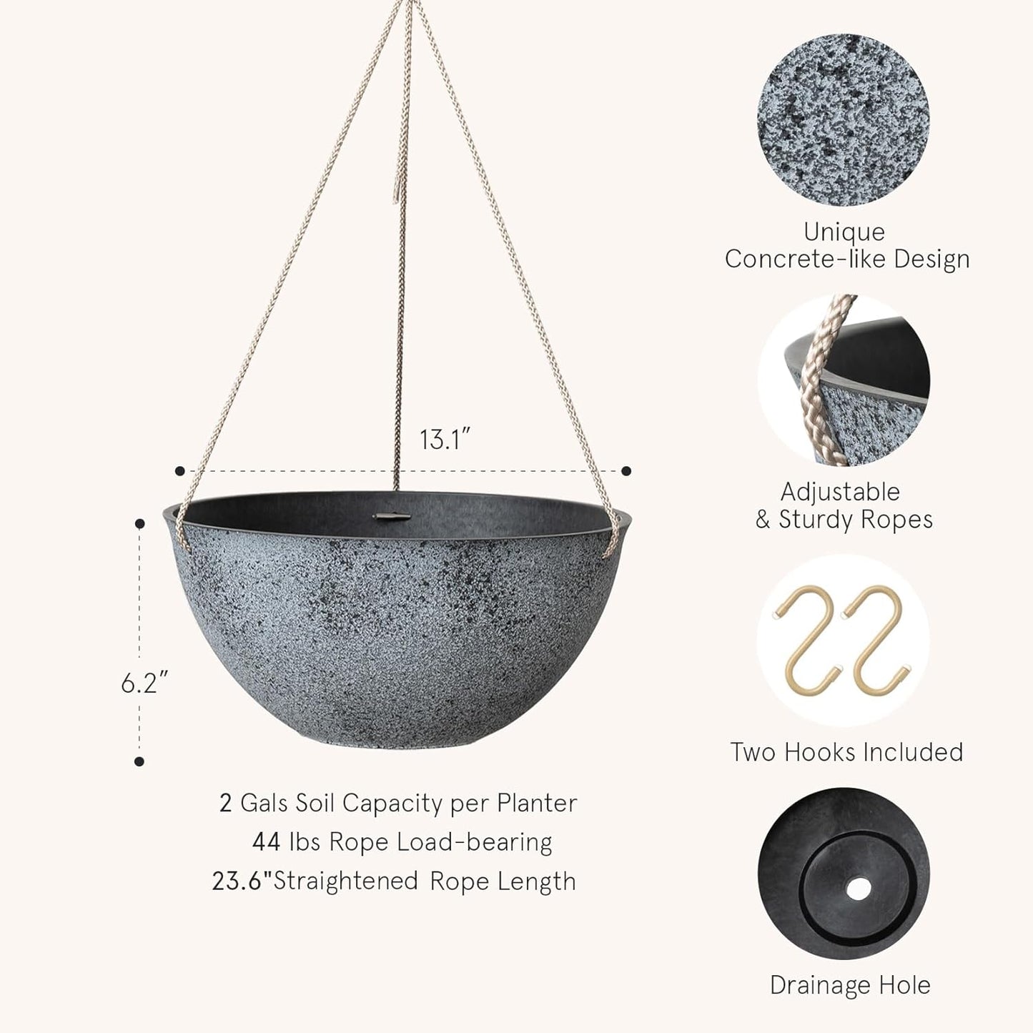LA JOLIE MUSE Large Hanging Planters - 13 Inch Flower Pots Outdoor Indoor, Hanging Garden Planters Set of 2, New Iron Color