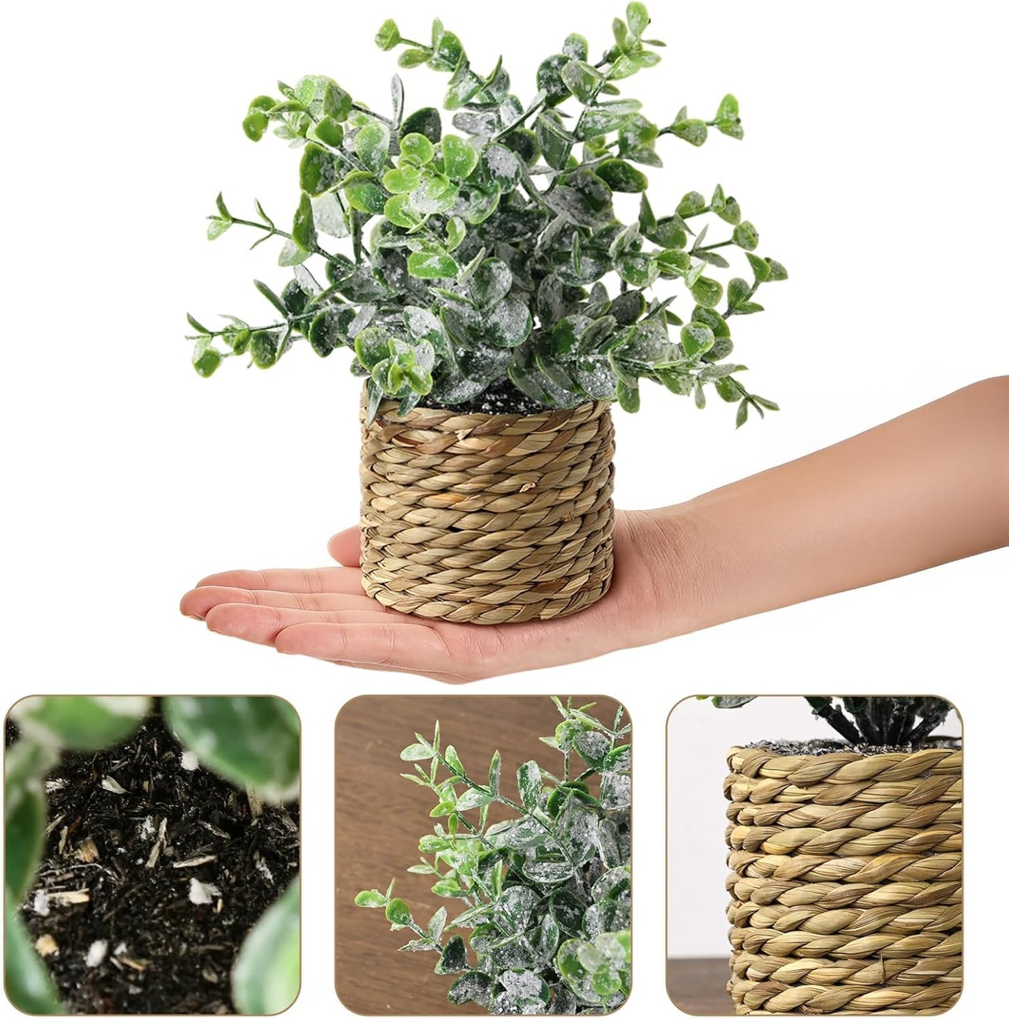 Small Fake Potted Plants: 9 Inches Artificial Plants with Seagrass Handwoven Planters, Indoor Farmhouse Spring Decorations, Eucalyptus Plant for Home Bathroom Office Shelf Tabletop Desk Room Decor
