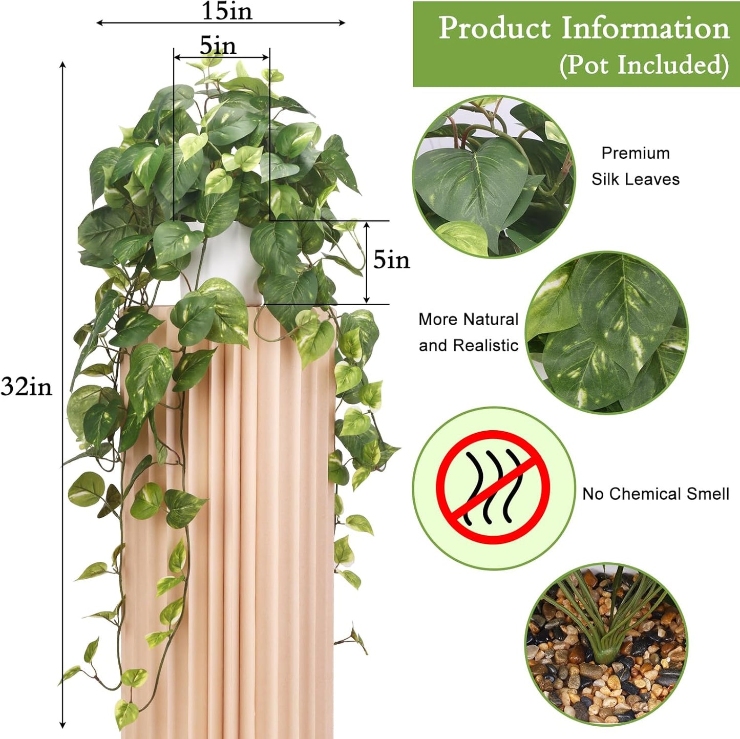 CEWOR Artificial Plants Fake Pothos with Plastic Pot Artificial Potted Plant for Home Office Bedroom Indoor Outdoor Decor 1 Pack