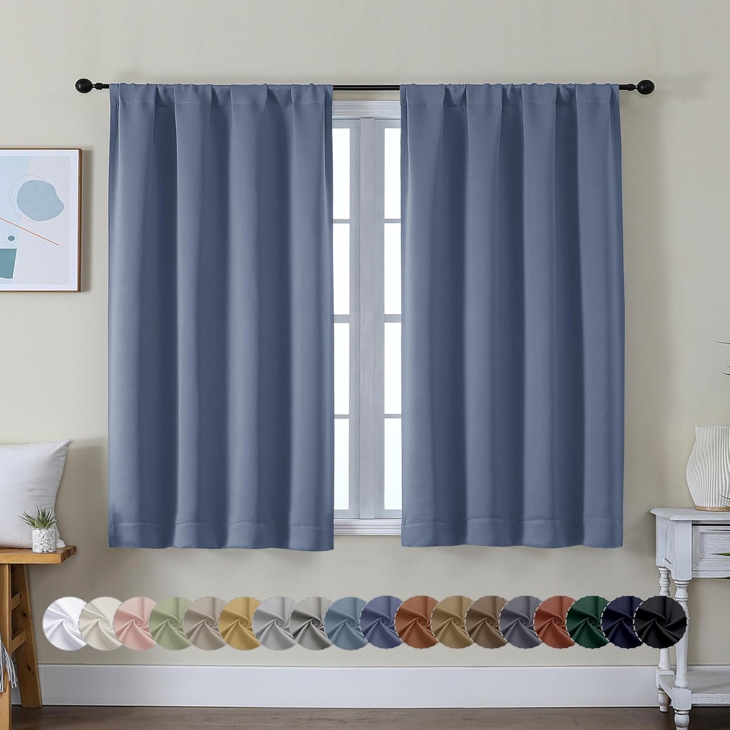 Simplebrand Ava Sage Green Blackout Curtains for Bedroom 63 Inch Length 2 Panels Set, Solid Thermal Insulated Energy Saving Rod Pocket Window Treatment Curtains Blackout Drapes, W40 x L63 Inch, Sage - Colors C