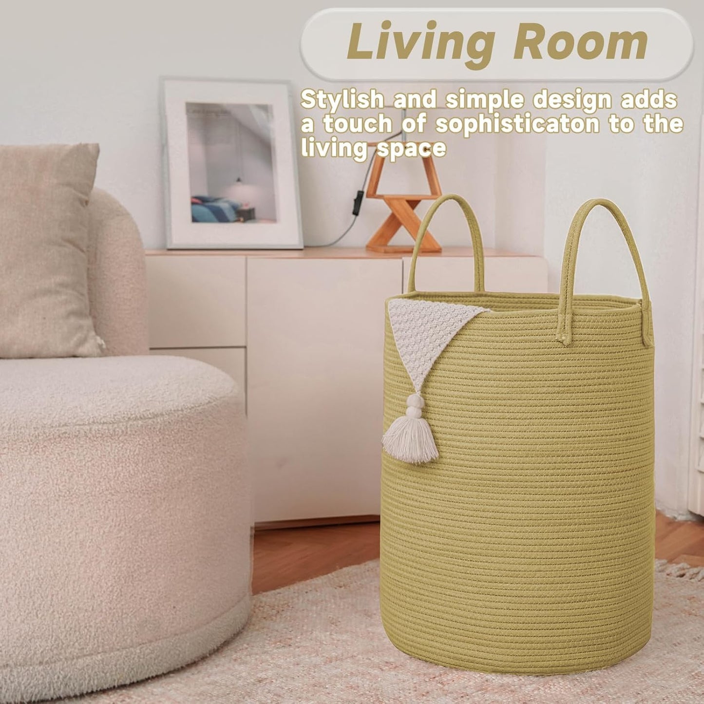 JMvicyroam Large Woven Laundry Basket Hamper,60L Cotton Rope Storage Bin for Blankets,Toys and Clothes,Decorative Tall Nursery Hamper for Living Room,Baby Nursery,Bathroom and Bedroom,Brown
