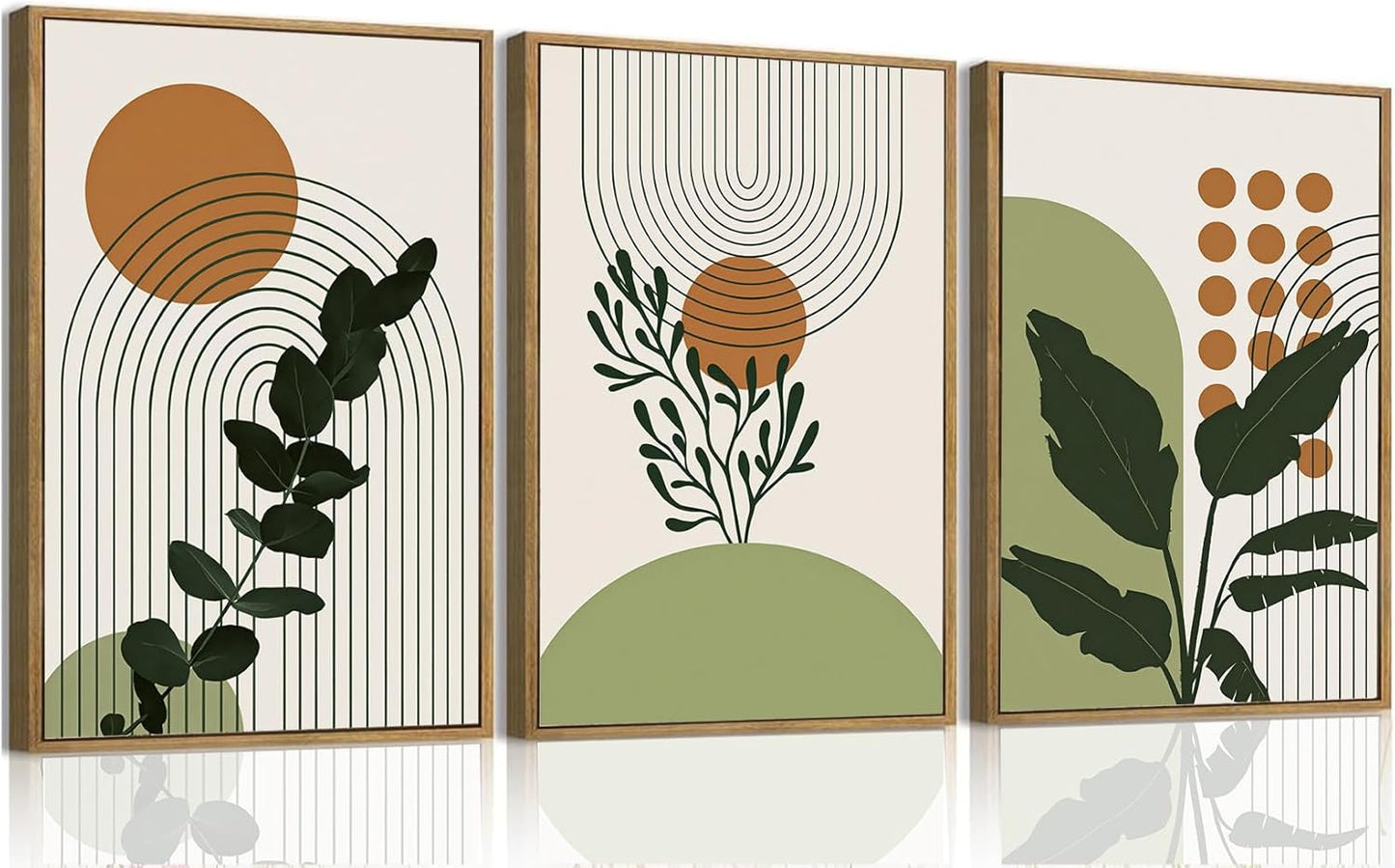 Bwodke Boho Wall Art, Framed Abstract Wall Art, Green Botanical Neutral Canvas Wall Decor, Large Mid Century Plant Pictures Set of 3, Modern Minimalist Paintings, for Bedroom Living Room Bathroom