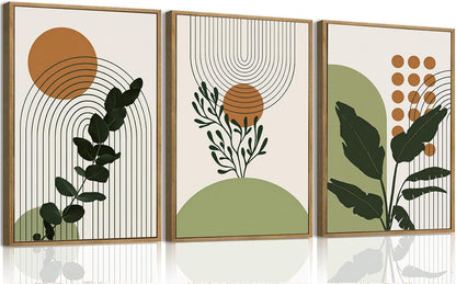 Bwodke Boho Wall Art, Framed Abstract Wall Art, Green Botanical Neutral Canvas Wall Decor, Large Mid Century Plant Pictures Set of 3, Modern Minimalist Paintings, for Bedroom Living Room Bathroom