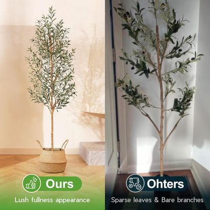 Faux Olive Tree 6FT – Tall Artificial Plants Indoor with Real Wood Trunk & Seagrass Basket, Lifelike Silk Leaves & Fruits – Potted Large Fake Trees for Home, Living Room, Bedroom & Office Decor