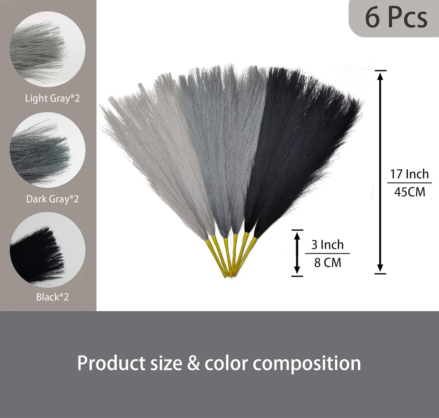 SeptCat 9 Pcs 45" Faux Dried Pampas Grass Tall Decor, Fluffy Fake Long Pompas Artificial Black Grey Gray Pompous Stems Bouquet Flower Arrangement Vase Filler for Boho Home Wedding Decoration