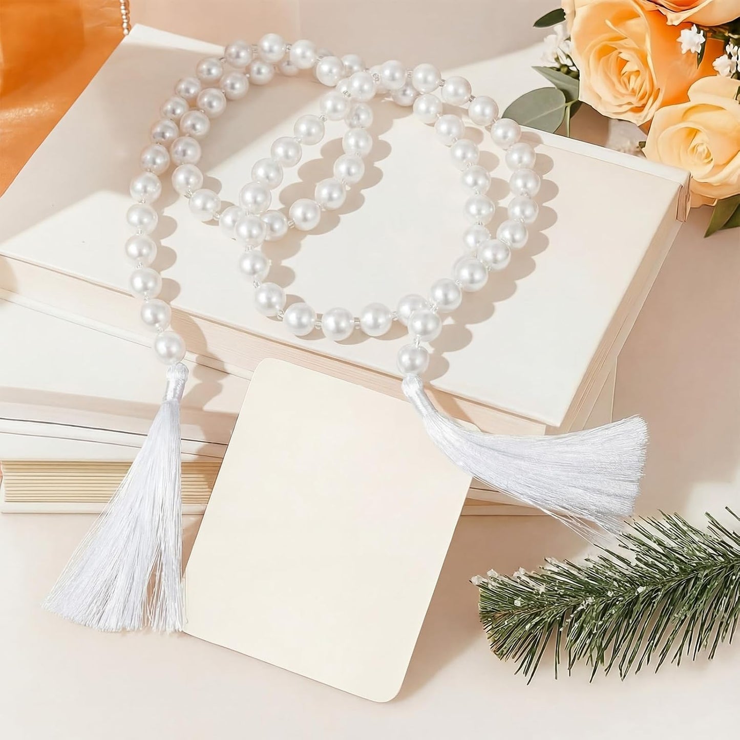 Quelay 58 Inch Pearl Glass Bead Garland 16mm with Tassels Elegant Boho Wedding Table Decor Healing Bead Prayer Fringe Wall Shelf Hanging for Wedding Party Farmhouse Rustic Home Decoration(Beige)
