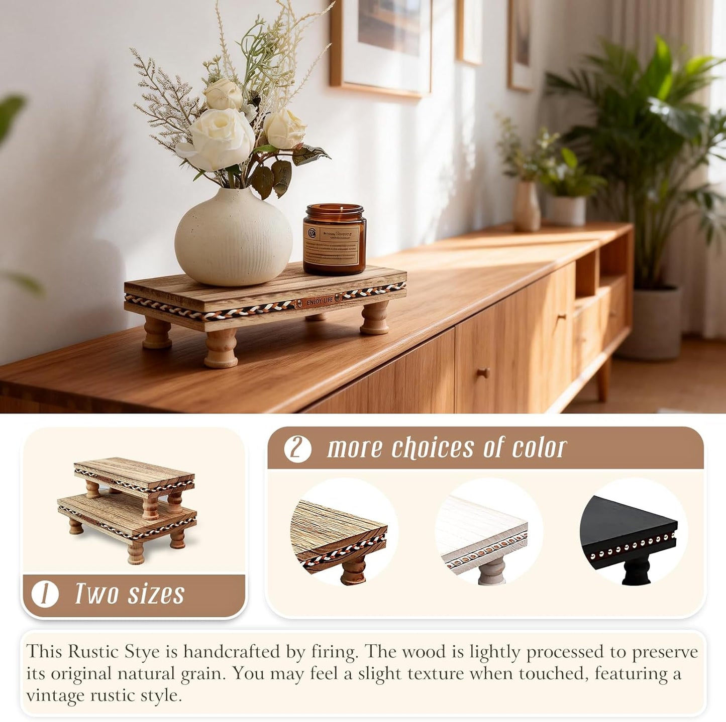 Wood Tray Pedestal Stand, Waterproof Bathroom Counter Organizer, Modern Farmhouse Riser for Soap/Candle/Sponge White Small