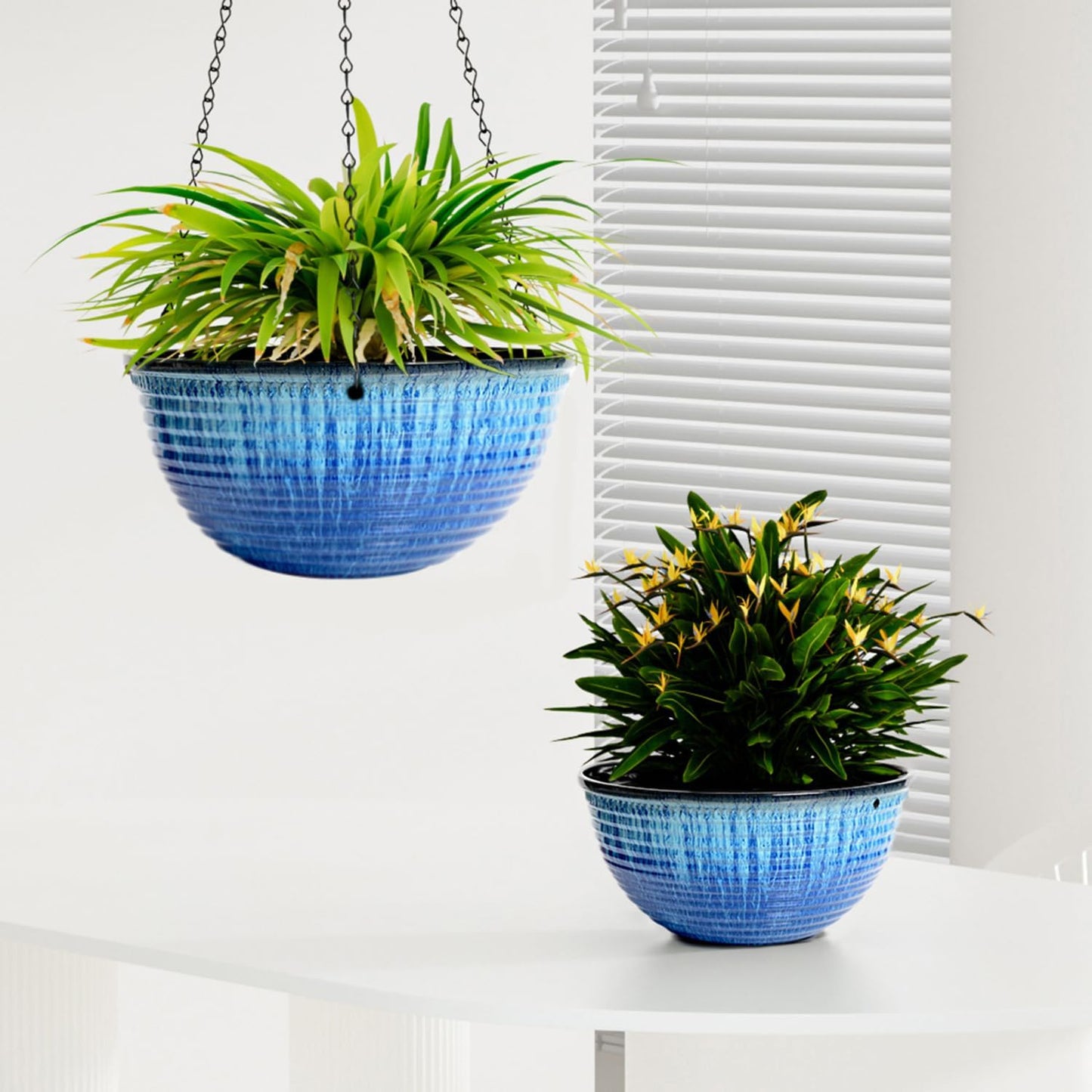 Vanslogreen 2 Pack Hanging Planters for Indoor Outdoor Plants, 10 Inch Hanging Planter with Drainage Hole & Plug Glazed Hanging Baskets Flower Pots for Garden Home (Blue)