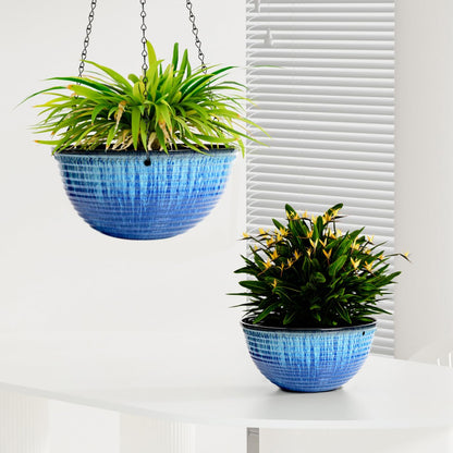 Vanslogreen 2 Pack Hanging Planters for Indoor Outdoor Plants, 10 Inch Hanging Planter with Drainage Hole & Plug Glazed Hanging Baskets Flower Pots for Garden Home (Blue)