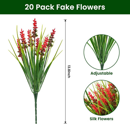 20 Bundles Artificial Plants Outdoor, UV Resistant Fake Flowers， Realistic Faux Lavender Shrubs for Porch Garden Window Box Home Decoration (Purple)