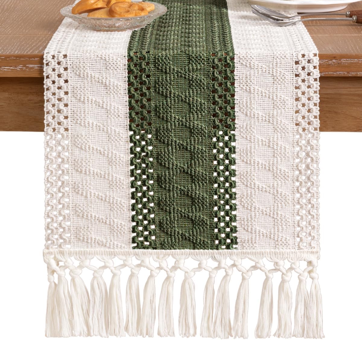 Socomi Boho Table Runner Summer Farmhouse Rustic Dining Kitchen Centerpiece Decor Small Macrame Woven Cotton Linen Coffee Table Runner for Dresser Scarf Home Decor 12x36 inch Beige