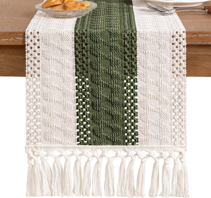 Socomi Boho Table Runner Summer Farmhouse Rustic Dining Kitchen Centerpiece Decor Small Macrame Woven Cotton Linen Coffee Table Runner for Dresser Scarf Home Decor 12x36 inch Beige