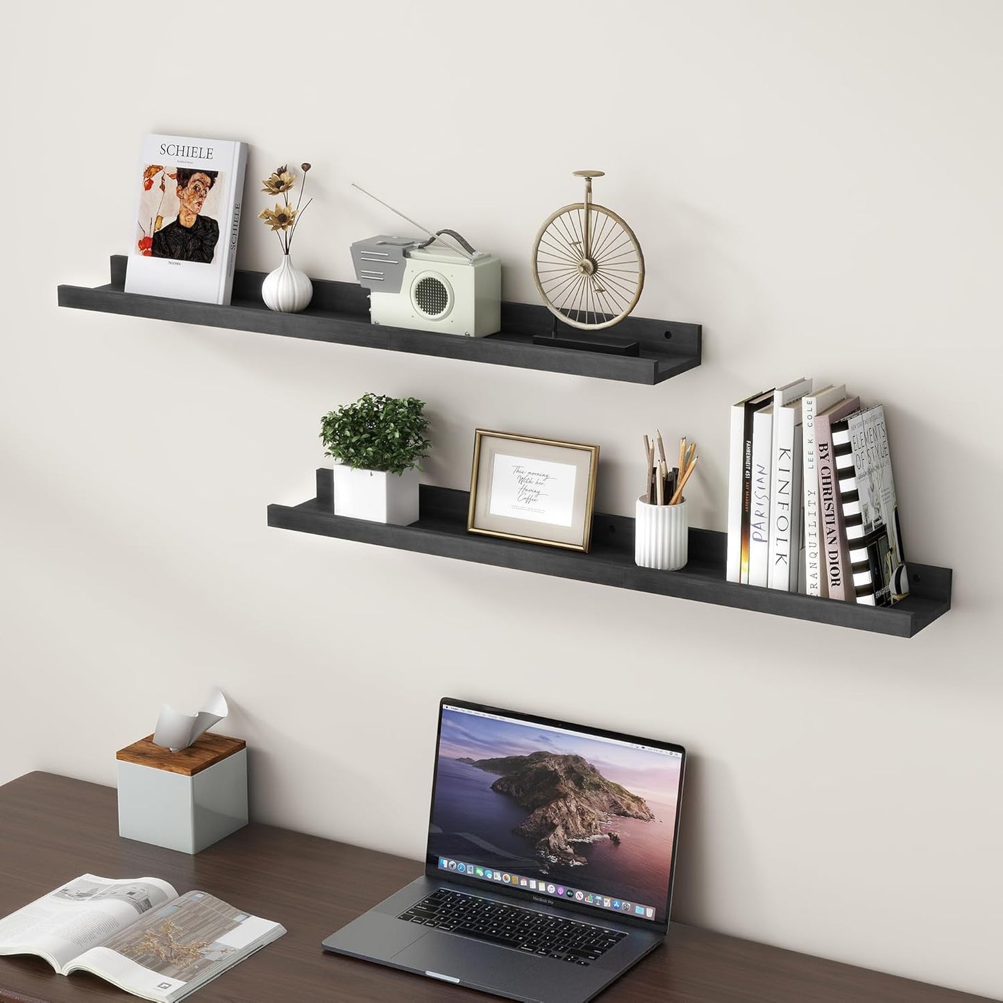 FLYJOE Picture Ledge Shelf, Floating Shelves Set of 2, Solid Pine Wood 55'' Long Large Nursery Book Shelves for Toys Storage, Kids Bookshelf for Living Room Bedroom Decor Books Photo Frames, Walnut