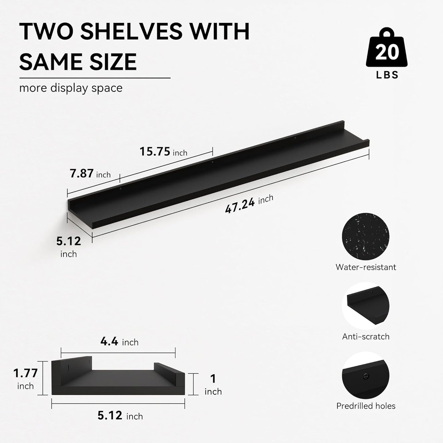 Boswillon Floating Shelves Wall Mounted Set of 2, Modern Black Wall Shelves for Storage with Lip, Display Picture Ledge Shelf for Wall Decor Bedroom Living Room Bathroom Kitchen