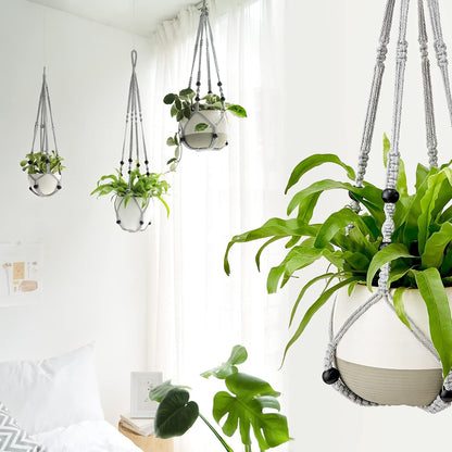 Mkono 3 Pack Macrame Plant Hangers Indoor Different Size Hanging Planter Basket Flower Pot Holder with Beads No Tassels 35"/29"/23", Medium, Brown
