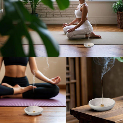 Koville Natural Marble Incense Holder, Incense Holder for Sticks with 9 Holes, Handmade Incense Burner Ash Catcher for Meditation Yoga SPA, Balsam Fir/Palo Santo/Sage/Cone (Green)