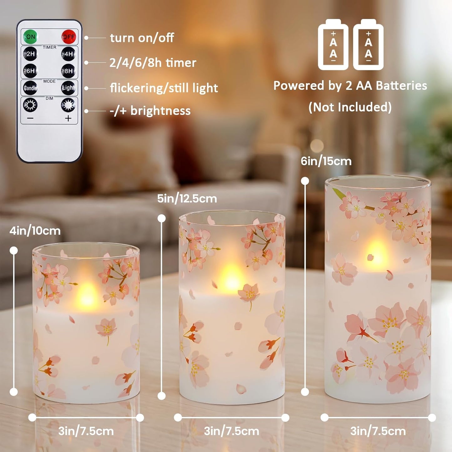 Pack of 3 Flameless Daily Timer Flickering Real Wax Pillar Candles, 3" x 4" 5" 6" LED Battery Operated Purple Flowers Glass Warm Light with Remote Control