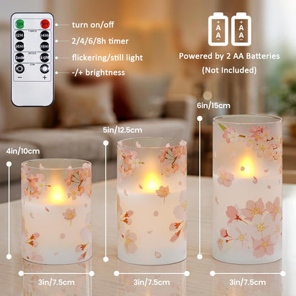Pack of 3 Flameless Daily Timer Flickering Real Wax Pillar Candles, 3" x 4" 5" 6" LED Battery Operated Purple Flowers Glass Warm Light with Remote Control