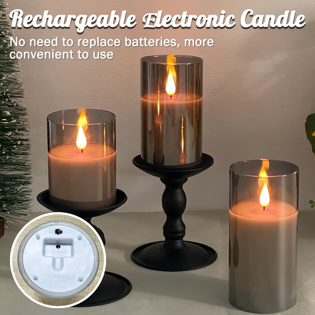 Rechargeable Flameless Glass Pillar Candles–Gifts for Women,–Set of 3, Realistic Flickering LED Light,Remote & Timer, Ideal for Living Room, Bedroom & Festival Wedding Home Party Decor