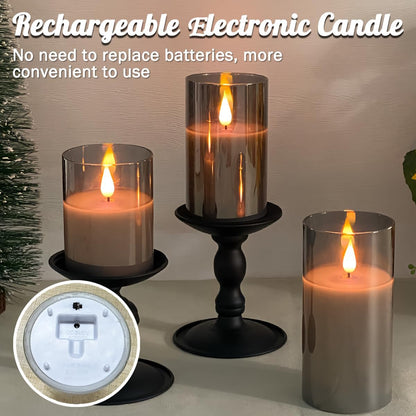 Rechargeable Flameless Glass Pillar Candles–Gifts for Women,–Set of 3, Realistic Flickering LED Light,Remote & Timer, Ideal for Living Room, Bedroom & Festival Wedding Home Party Decor