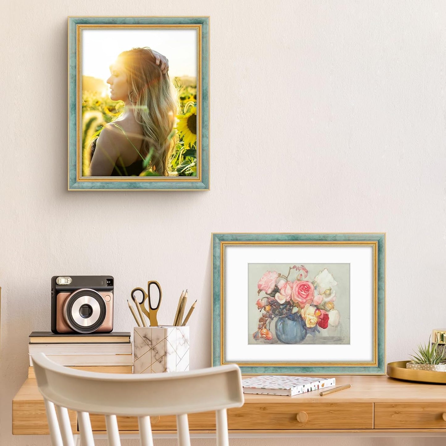 Golden State Art,11x14 Ornate Picture Frame for 8x10 Photo with Mat or 11 x 14 Prints without Mat,Real Glass Wall Display(Color:Green Gold)