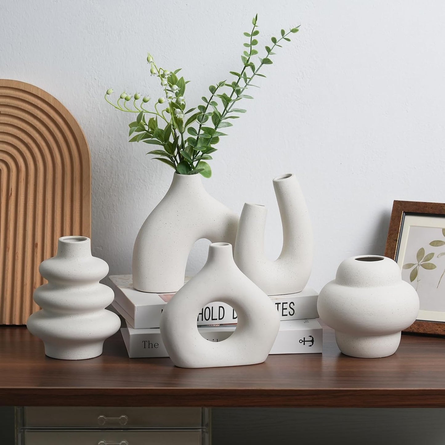 Modern Ceramic Vase Set of 5, Vases Home Decor Rustic Farmhouse Decorative Vase Pottery Vases for Bouquet Pampas Grass Dried Fresh Flowers, Table Living Room Kitchen Bedroom