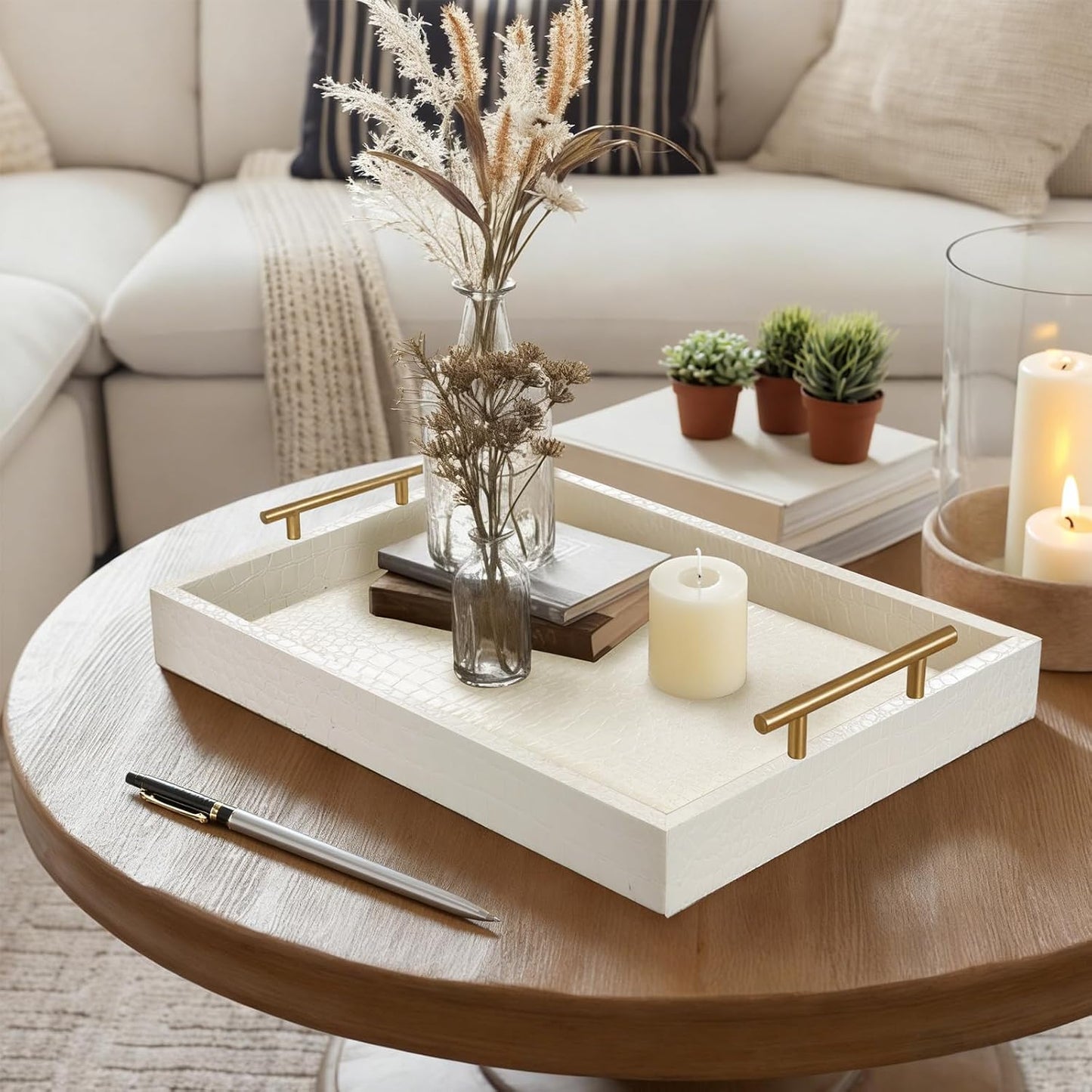 SXNOWS 17"x12" Cream Faux Leather Serving Tray with Gold Handles, Rectangle Decorative Tray for Ottoman, Coffee Table, Kitchen, Bar, Gift for Home Decor