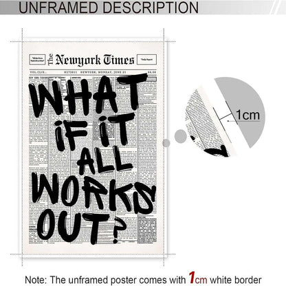 Retro Black And White Newspaper Poster What If It All Works Out Canvas Wall Art Positive Affirming Quote Minimalist Prints Painting For Home Bedroom Dorm Wall Decor 12x16in Unframed