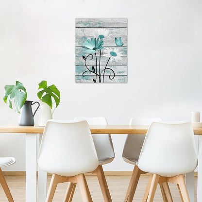 HVEST Farmhouse Floral Wall Art for Living Room, Blue and White Daisy Flower and Butterfly on Rustic Wood Board Canvas Wall Art Framed Artwork Ready to Hang for Bathroom Bedroom Decor, 16L X 12W