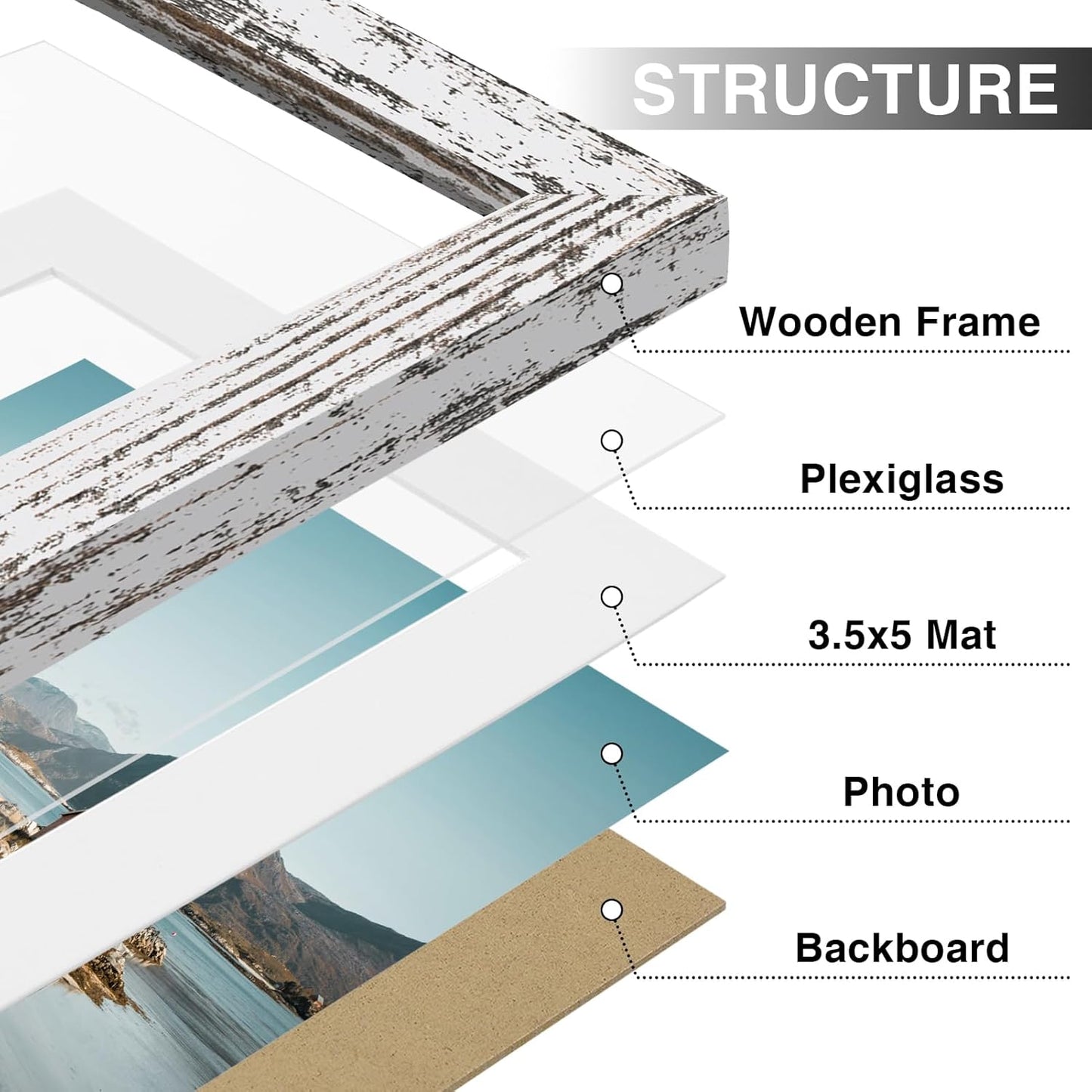 Vittanly 8x10 Picture Frames Set of 9, Shatter Resistant Plexiglass, Display 5x7 Pictures with Mat or 8x10 without Mat, Photo Frames for Wall or Tabletop, Engineered Wood, Black - Colors A