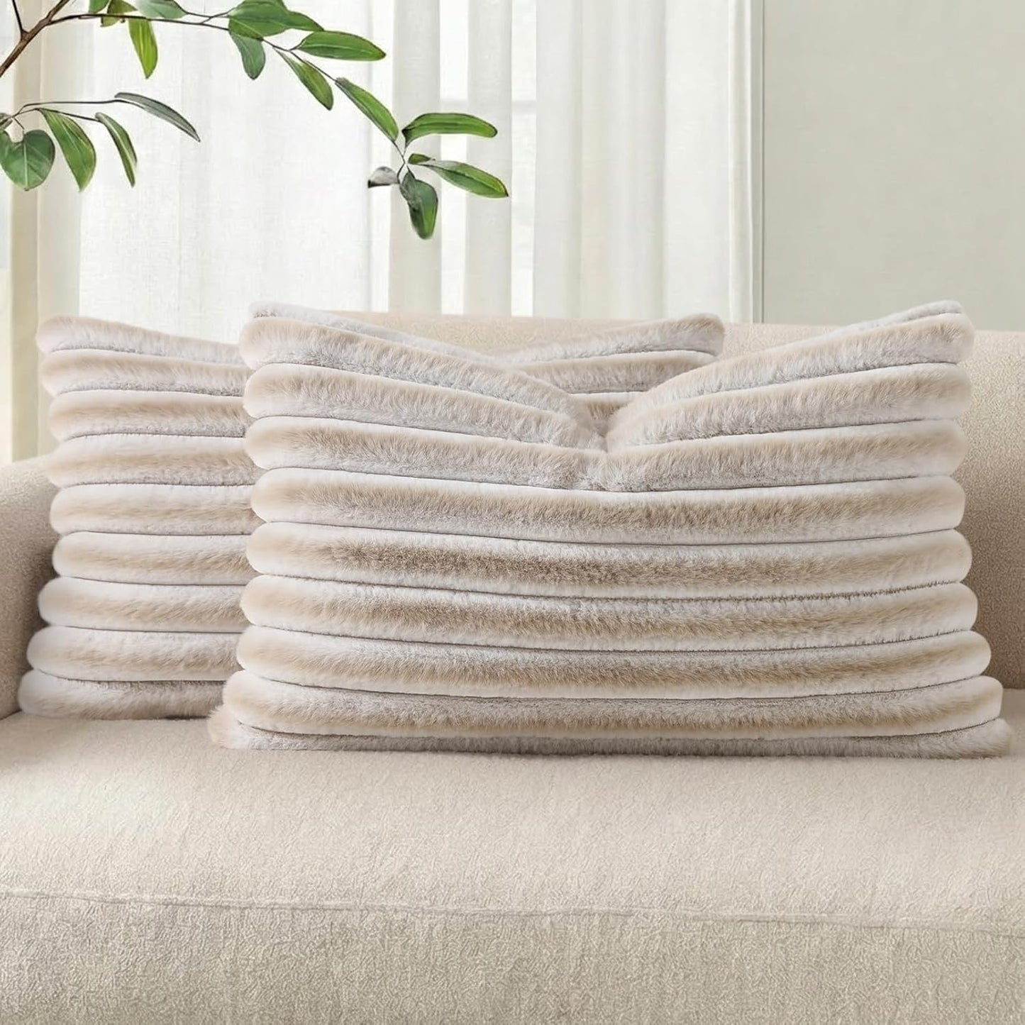 Pallene Faux Fur Plush Throw Pillow Covers 18x18 Set of 2, Luxury Soft Fluffy Striped Decorative Pillow Covers for Sofa, Couch, Living Room, Cream White
