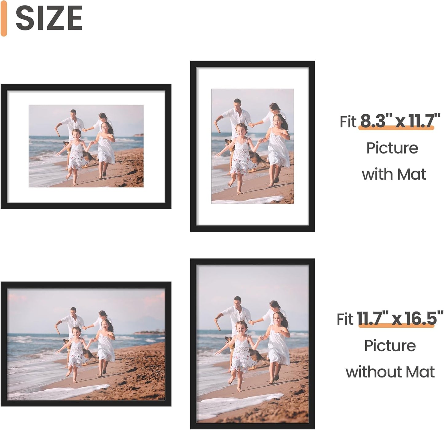 upsimples 11x14 Picture Frame Set of 5, Display Pictures 8x10 with Mat or 11x14 Without Mat, Wall Gallery Photo Frames, Black