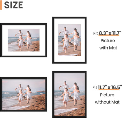 upsimples 11x14 Picture Frame Set of 5, Display Pictures 8x10 with Mat or 11x14 Without Mat, Wall Gallery Photo Frames, Black
