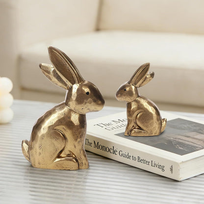 DN DECONATION Golden Polyresin Bunny Decor Rabbit Figurines, Easter Bunny Statue Set of 3 for Spring Tabletop Decor