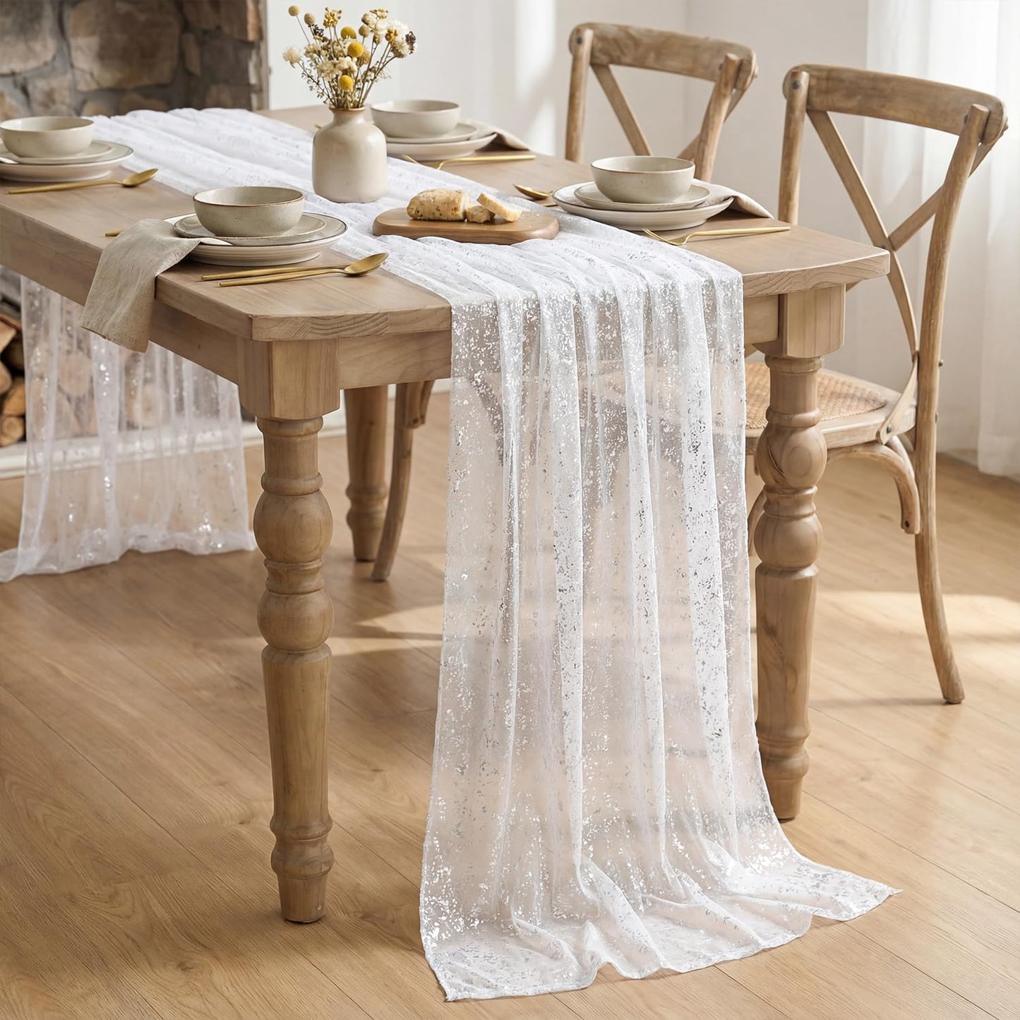 Artoid Mode Beige Gold Gauze Table Runner 120 Inch 10FT, Glitter Metallic Foil Sheer Dining Wedding Anniversary Holiday Birthday Table Decor for Home Party