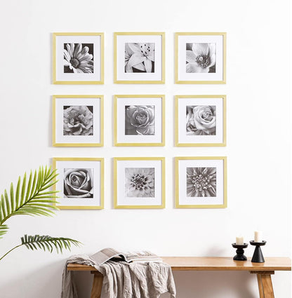 eletecpro 12x12 Picture Frames Set of 9 with Clear Acrylic Cover, Display 8x8 Photos with Mat or 12x12 Without, Classic and Sturdy Square Collage Gallery Wall Decor, Easy Wall Mount, Black