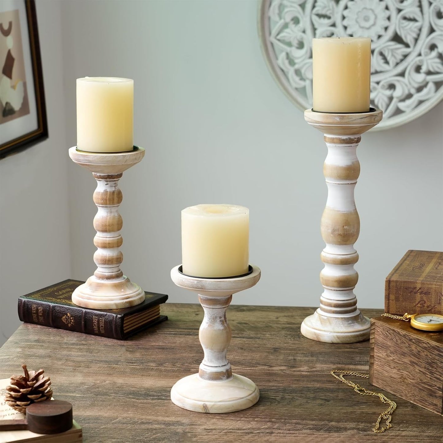 Wood Pillar Candle Holder: 3Pcs Rustic White Candle Holders for Pillar Candles Wood Candle Holders Distressed Wooden Farmhouse Candle Holder Large Rustic Candle Holder for Fireplace Table