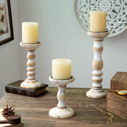 Wood Pillar Candle Holder: 3Pcs Rustic White Candle Holders for Pillar Candles Wood Candle Holders Distressed Wooden Farmhouse Candle Holder Large Rustic Candle Holder for Fireplace Table