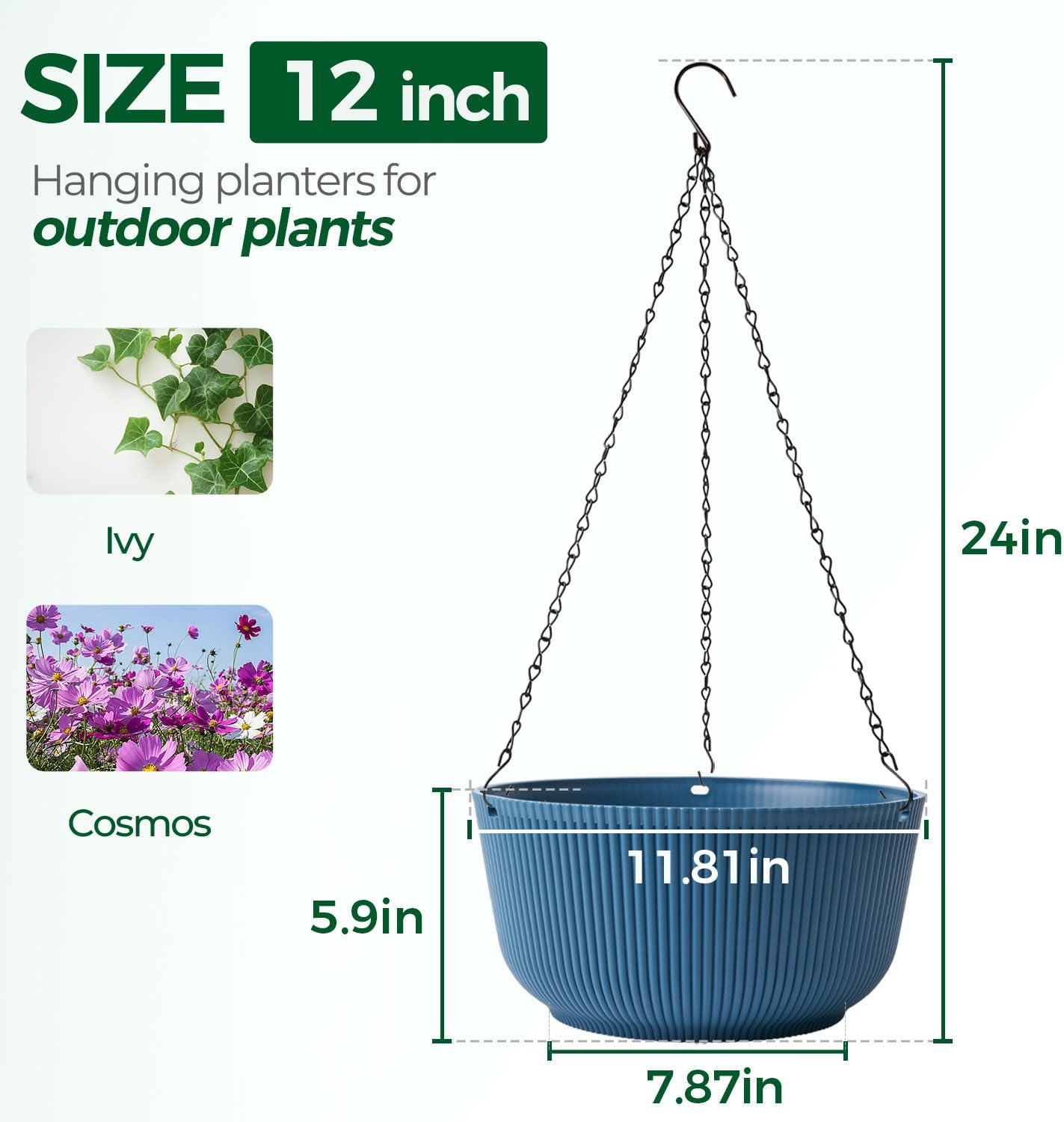 T4U 10 Inch Hanging Planters for Indoor Plants, 2 Pack White Self Watering Hanging Plant Pot, Hanging Pots Set with Drainage Hole & Plug & Chain with 3 Hooks for Garden Home Decor