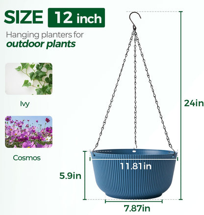 T4U 10 Inch Hanging Planters for Indoor Plants, 2 Pack White Self Watering Hanging Plant Pot, Hanging Pots Set with Drainage Hole & Plug & Chain with 3 Hooks for Garden Home Decor