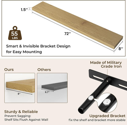 RICHFOCUS 72Inch Floating Shelves for Wall 2 Pack Shelves for Bedroom|Kitchen|Bathroom Wall Mounted Rustic Wood Floating Shelf with Invisible Brackets for Books|Storage|Decor, Rustic Brown