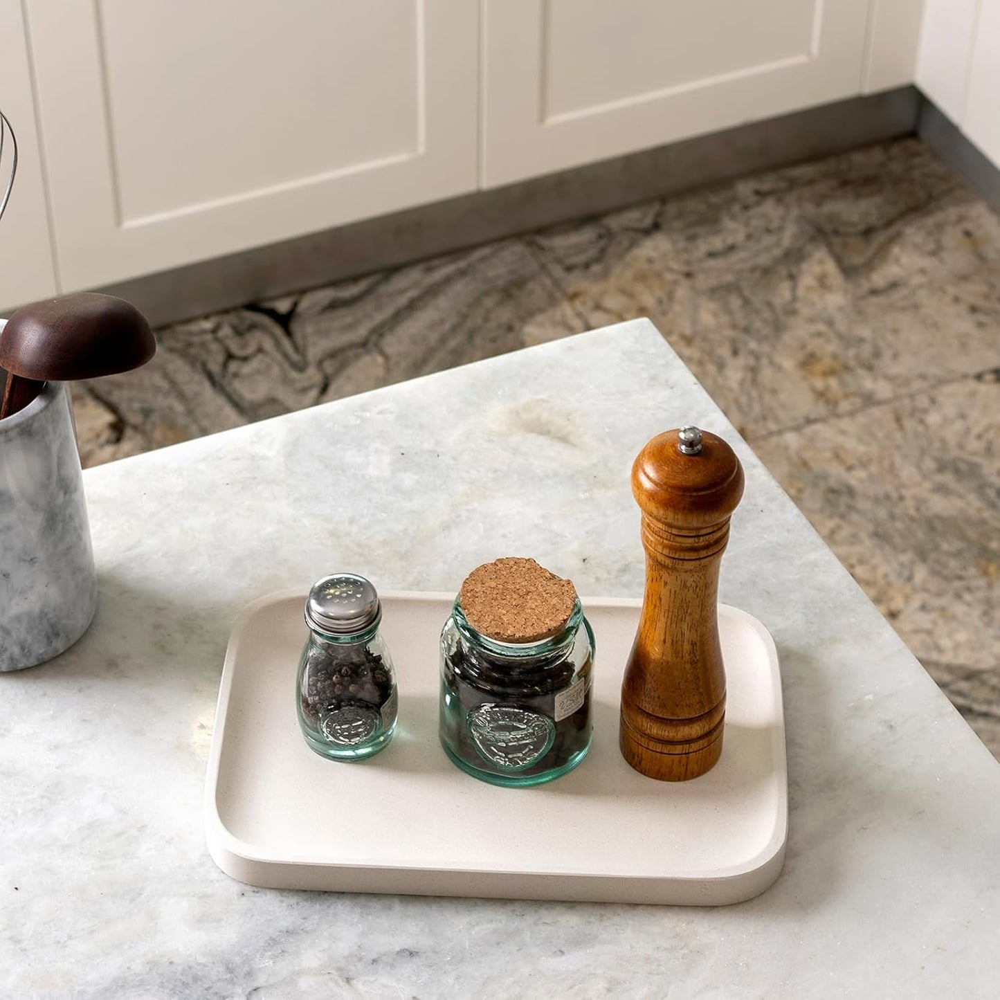 Koville Romano Travertine Tray, 12"x8" Natural Stone Vanity Tray for Countertop Bathroom Kitchen Dresser, Decorative Marble Catchall Trays for Perfume Jewelry, Rectangular Serving Tray(Beige)