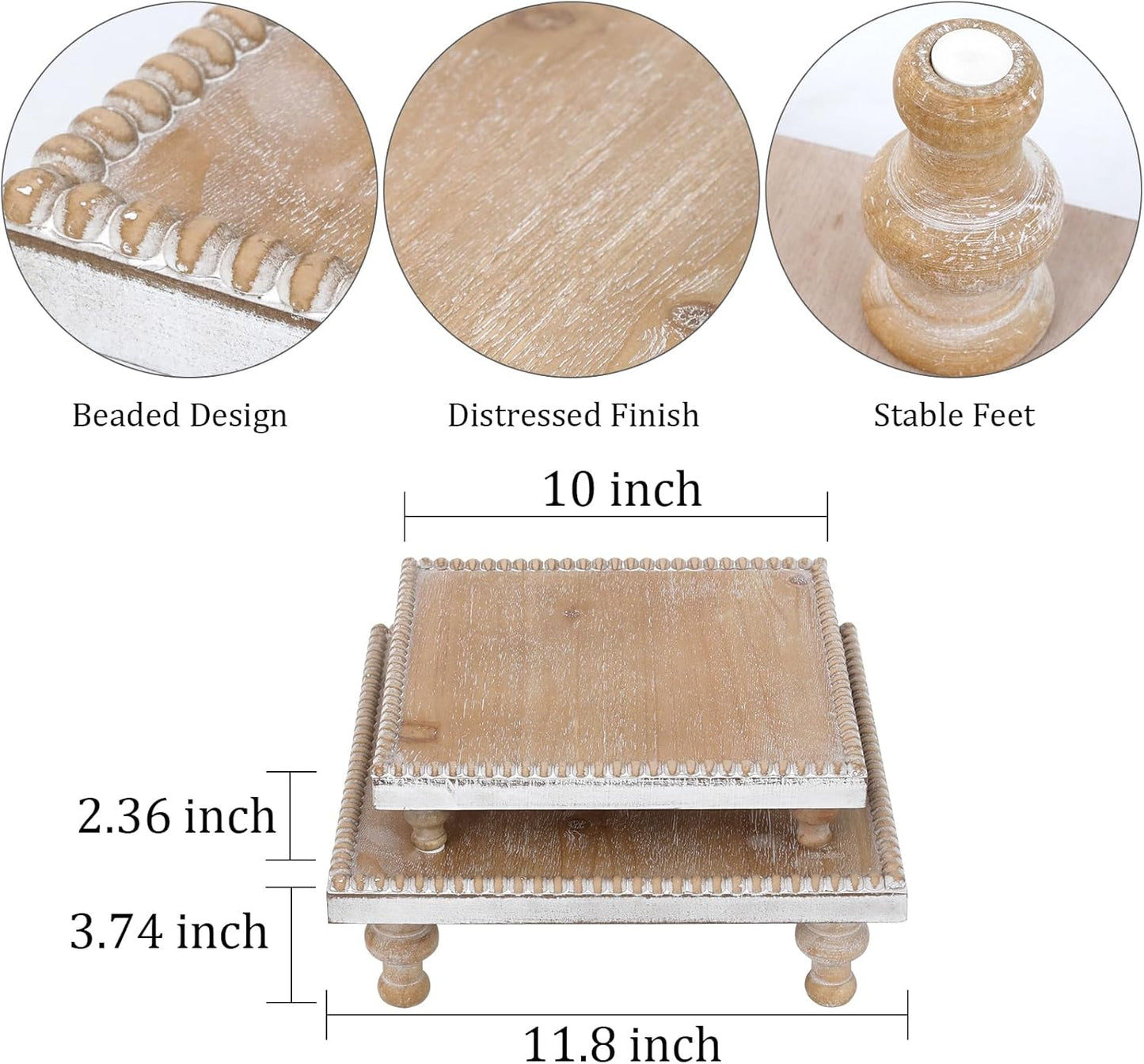 SwallowLiving Rustic Round Wood Tray Riser Farmhouse Pedestal Stand With Beaded Edge for Decor Wooden Finish Cupcake Display for Cakes and Decorative Items 11.8 inches