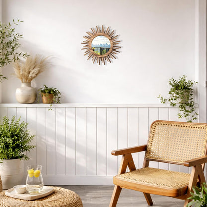 24 Inch Boho Sunburst Mirror, Round Wooden Wall Decor Starburst Sun Mirror for Bedroom, Living Room, Bathroom, Hallway, Balcony, Farmhouse Entryway, Housewarming Gift
