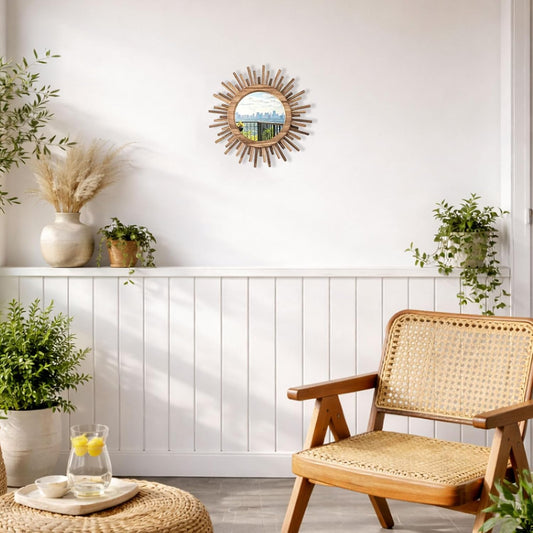 24 Inch Boho Sunburst Mirror, Round Wooden Wall Decor Starburst Sun Mirror for Bedroom, Living Room, Bathroom, Hallway, Balcony, Farmhouse Entryway, Housewarming Gift