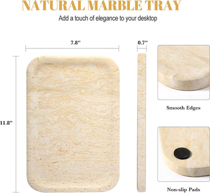 Koville Romano Travertine Tray, 12"x8" Natural Stone Vanity Tray for Countertop Bathroom Kitchen Dresser, Decorative Marble Catchall Trays for Perfume Jewelry, Rectangular Serving Tray(Beige)