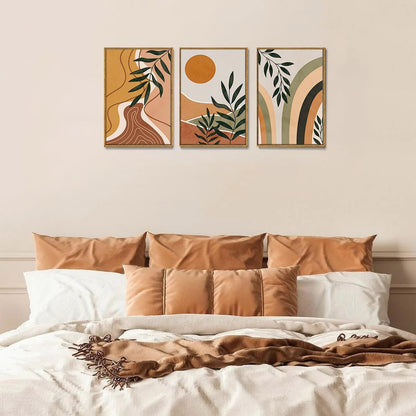 Bwodke Boho Wall Art, Framed Abstract Wall Art, Green Botanical Neutral Canvas Wall Decor, Large Mid Century Plant Pictures Set of 3, Modern Minimalist Paintings, for Bedroom Living Room Bathroom