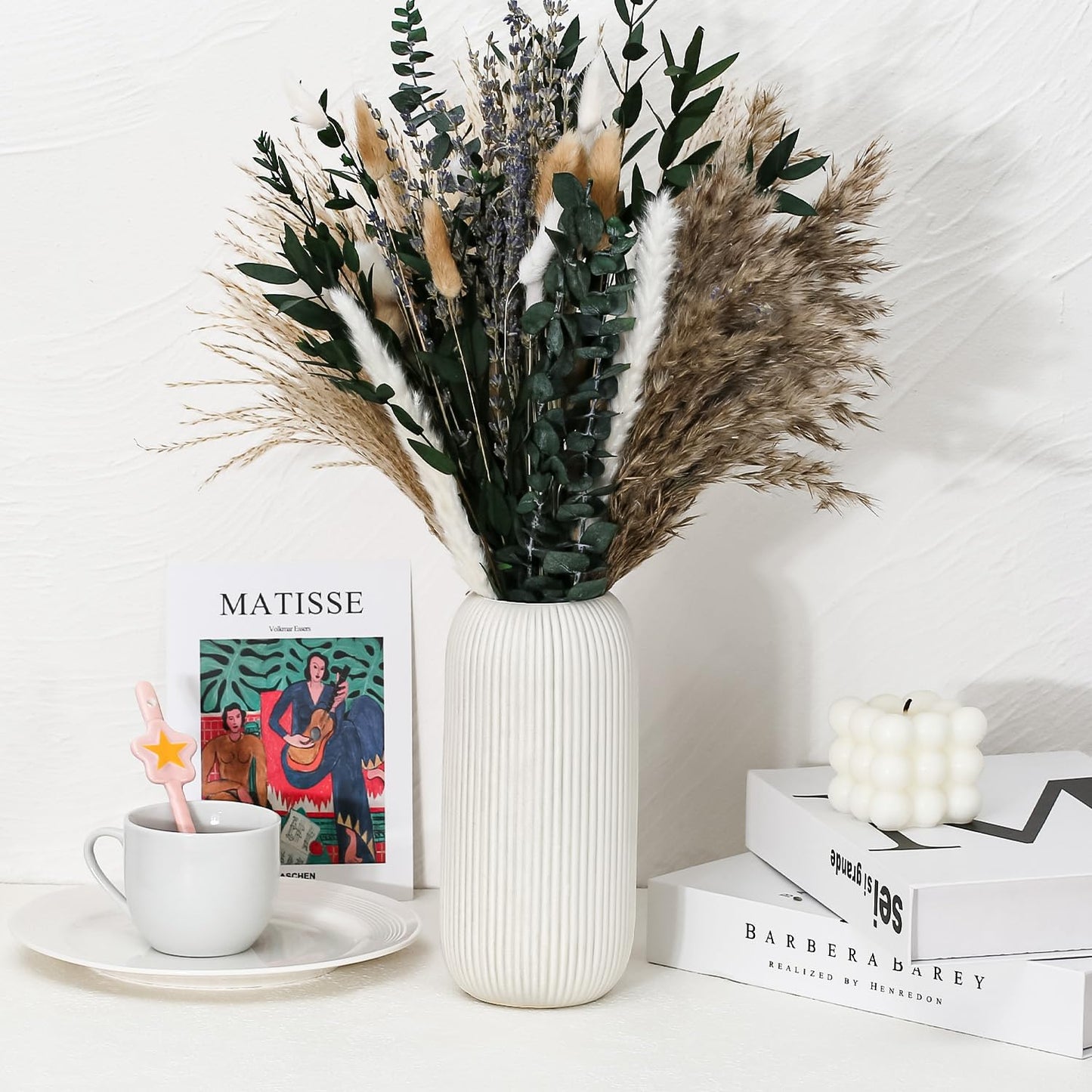Bohemian White Ceramic Vase - for Pampas Grass, Mantel, Bookshelf, Entryway and Living Room Decor (White, 7in)