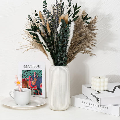 Bohemian White Ceramic Vase - for Pampas Grass, Mantel, Bookshelf, Entryway and Living Room Decor (White, 7in)